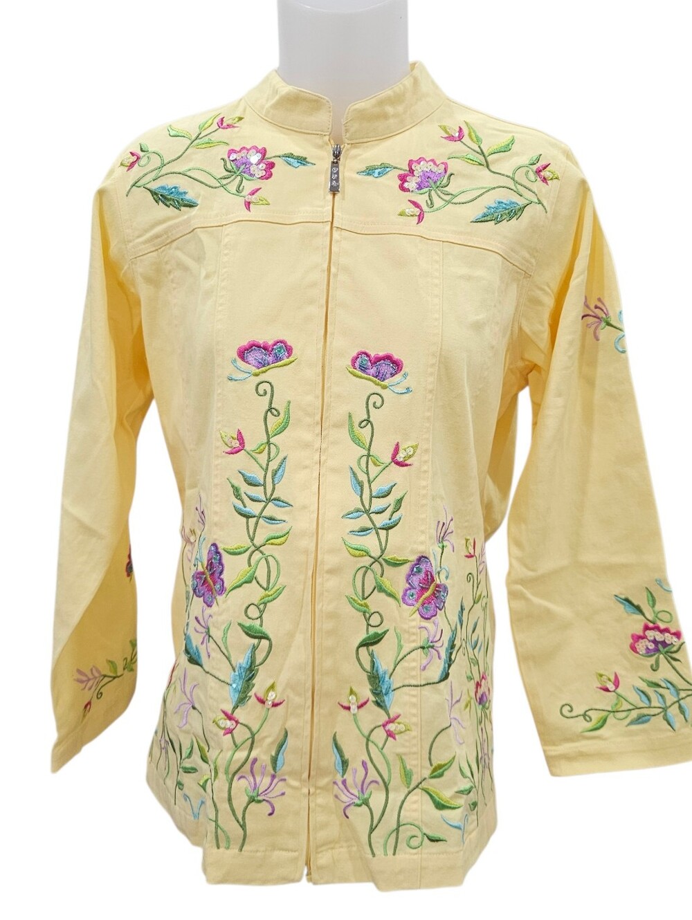 Quacker Factory Yellow Embroidered Floral Butterflies Stretch Denim Jacket Sz M